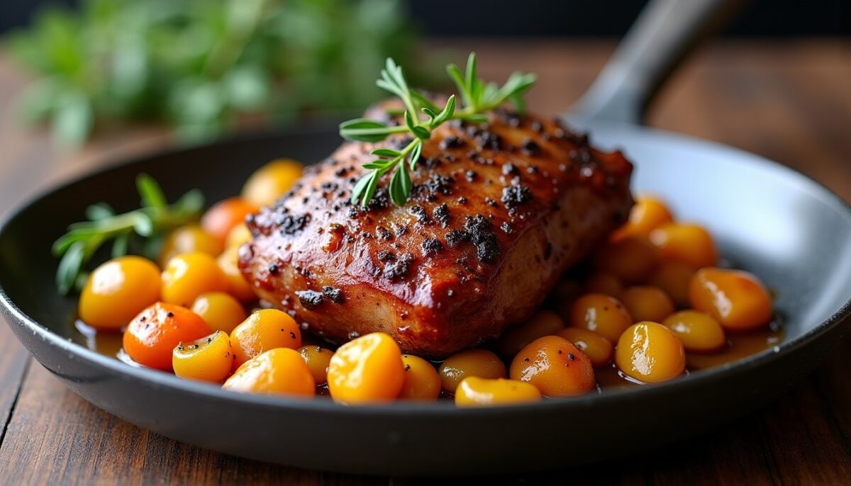 Magret de canard rôti au four accompagné d'une savoureuse poêlée de coings caramélisés
