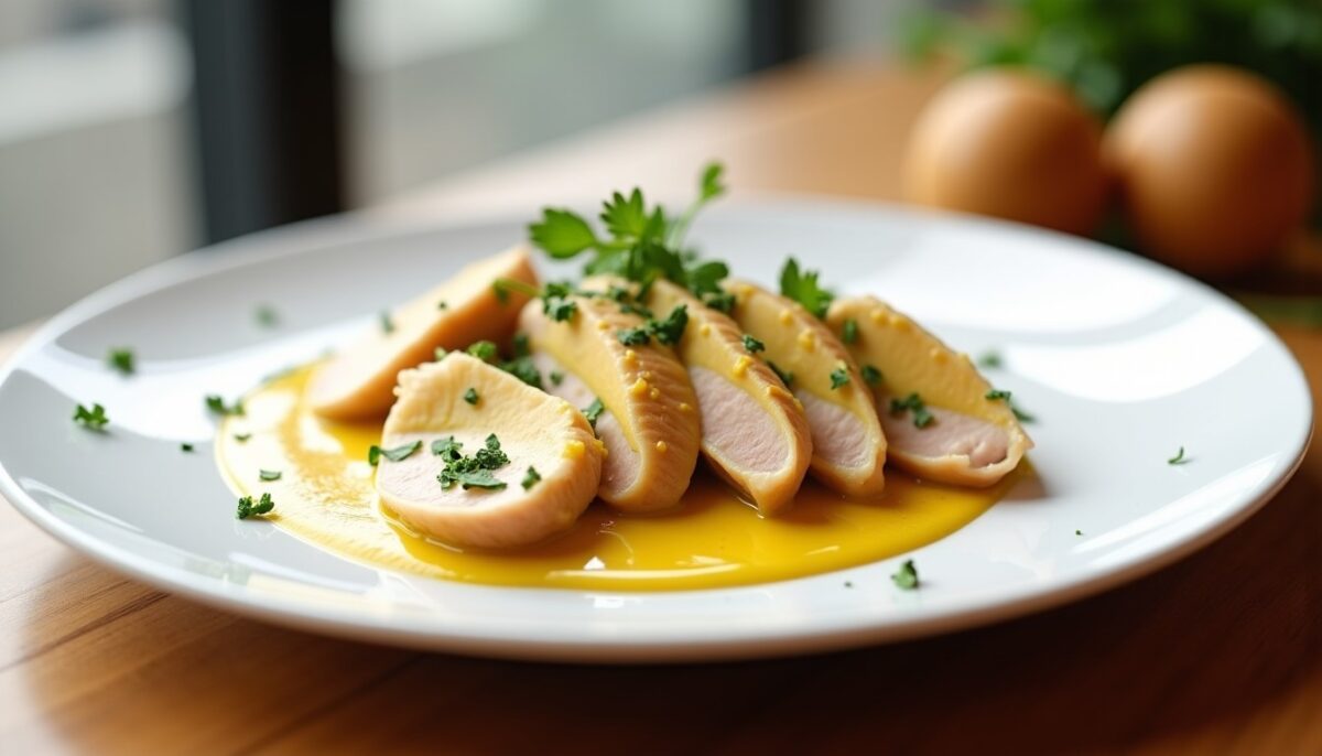 Émincé de poulet nappé d&rsquo;une sauce onctueuse à la moutarde et à la crème