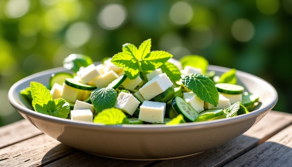Salade fraîcheur : courgettes croquantes, dés de féta et touche de menthe