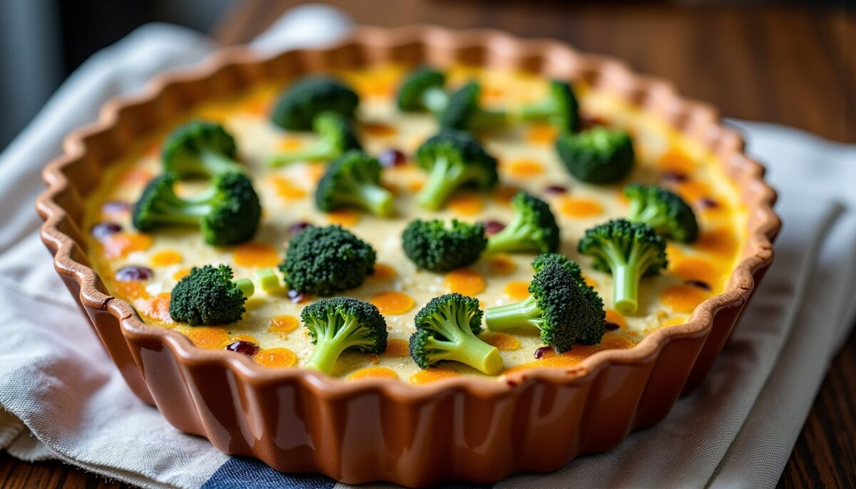 Délicieuse quiche au brocoli, fromage de chèvre fondant et lardons fumés croustillants